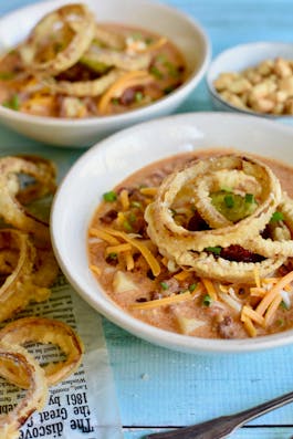 Bacon Burger Soup with Onion Rings