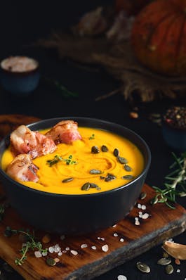 Bacon Pumpkin and Goats Cheese Soup