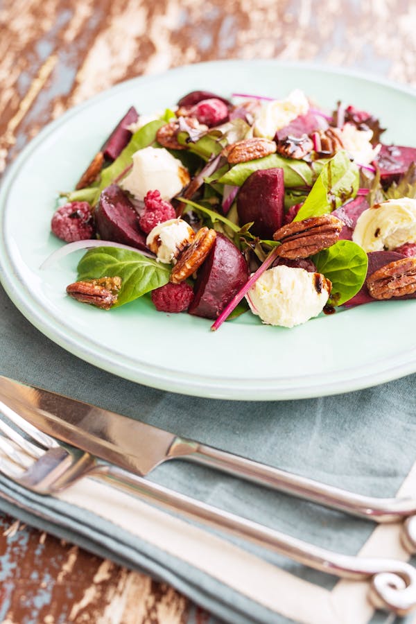 Beetroot And Honeyed Pecan Salad With Raspberry Balsamic Reduction