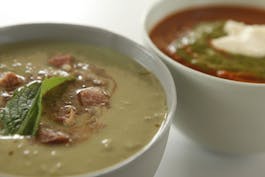 Broad Bean and Pea Soup with Umami Drizzle