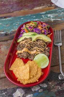 Cacao Shredded beef with Chipotle Mayo and Parmesan tacos