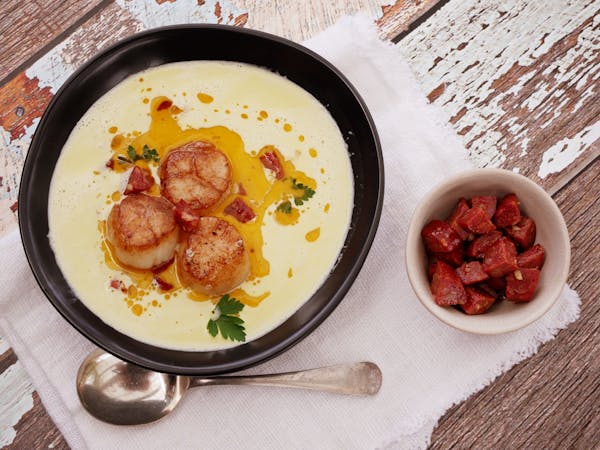 Creamy Potato Soup With Scallops And Chorizo Fotor