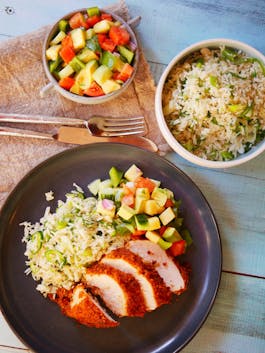 Crispy Fried Chicken with Green Rice and Carribbean Salsa P Fotor