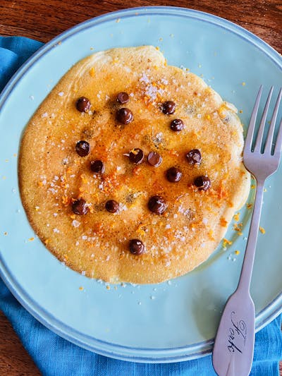 EVOO Pancakes with Dark Chocolate and Salt Flakes