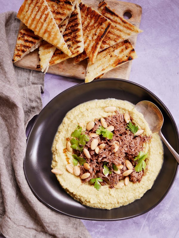 Hummus with Shredded Beef Almonds and Cumin Butter OH P Fotor