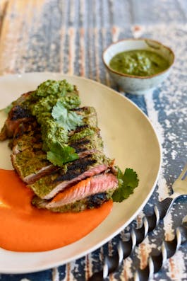 Marinated Beef Fillet with Chimichurri and Roasted Red Capsicum Puree 1