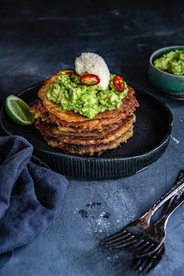 Potato Latkes with Parmesan Cream and Smashed Avos01 1