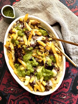 Pulled Lamb Pasta Bake with Salsa Verde