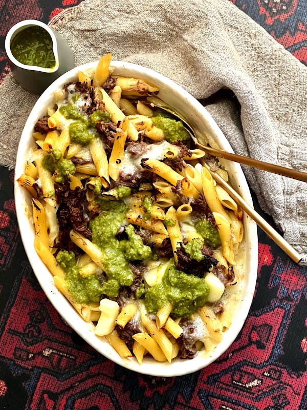 Pulled Lamb Pasta Bake with Salsa Verde