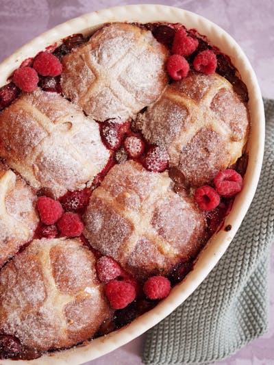Raspberry and Chocolate Hot Cross Bun Pudding