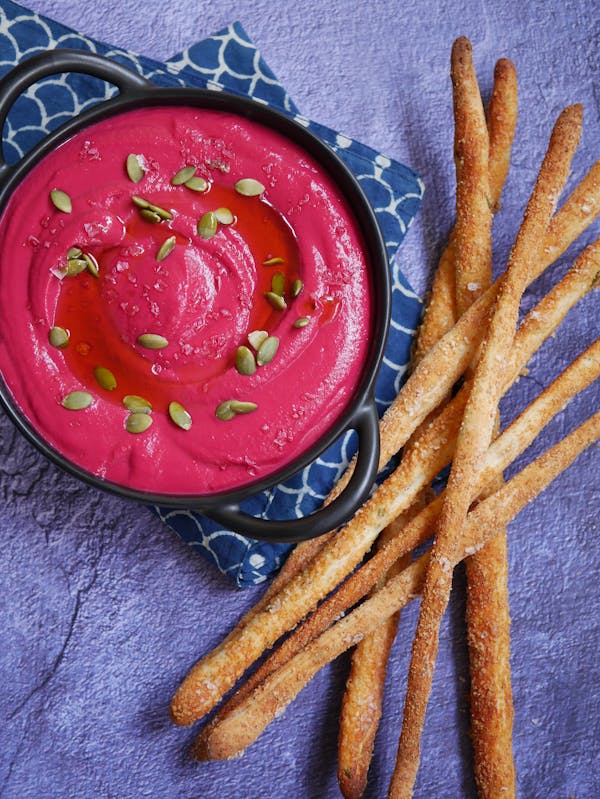 Ruby Hummus with Salted Rosemary Grissini P