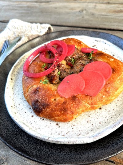 Sausage Focaccia with Pickles